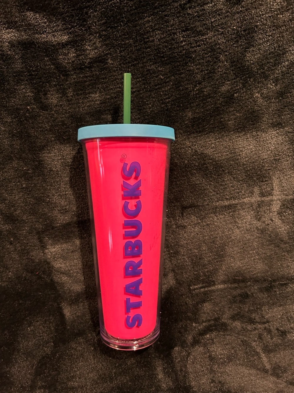 Starbucks Hot Pink Tumbler with Light Blue Lid and Green Straw